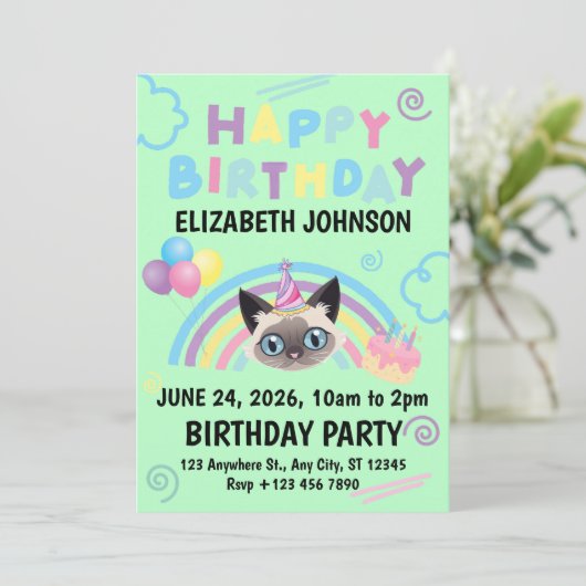 Siamese Cat Birthday Party Invitation Green 招待状 (スタンド正面)