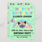 Siamese Cat Birthday Party Invitation Green 招待状 (正面/裏面)