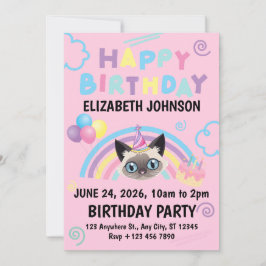 Siamese Cat Birthday Party Invitation Pink 招待状