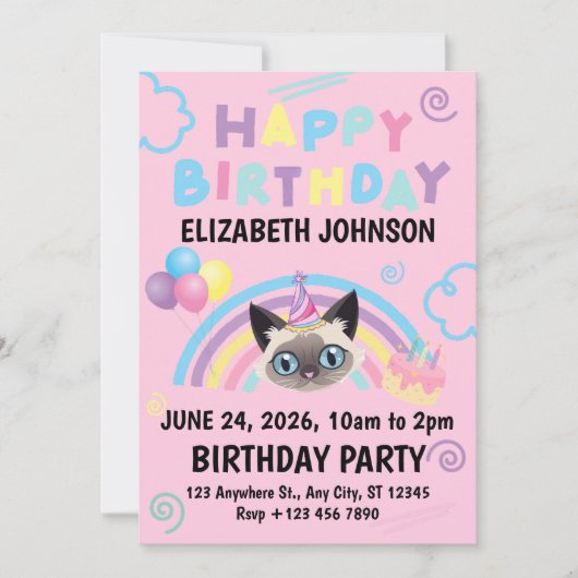 Siamese Cat Birthday Party Invitation Pink 招待状 (正面)