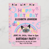 Siamese Cat Birthday Party Invitation Pink 招待状 (正面/裏面)