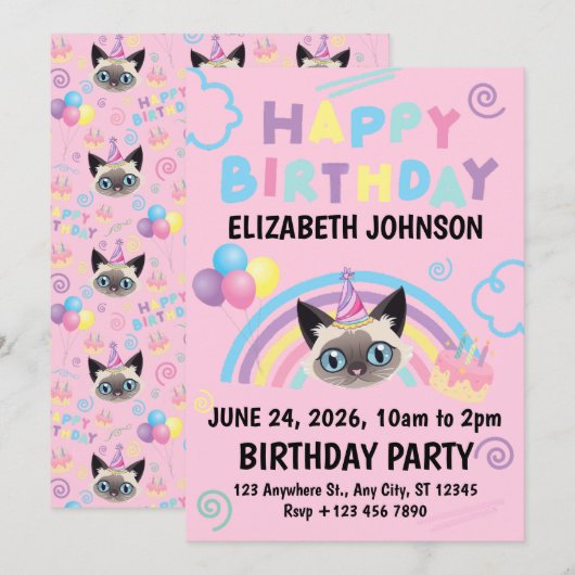 Siamese Cat Birthday Party Invitation Pink 招待状 (正面/裏面)
