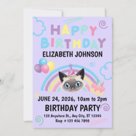 Siamese Cat Birthday Party Invitation Purple 招待状