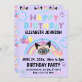 Siamese Cat Birthday Party Invitation Purple 招待状 (正面/裏面)