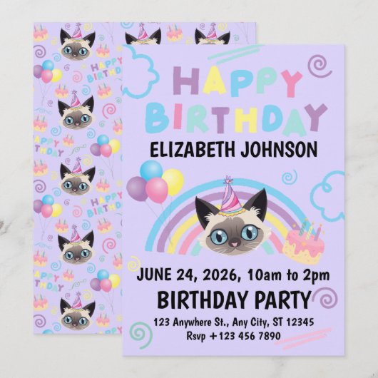 Siamese Cat Birthday Party Invitation Purple 招待状 (正面/裏面)