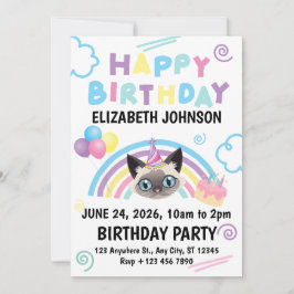 Siamese Cat Birthday Party Invitation White 招待状