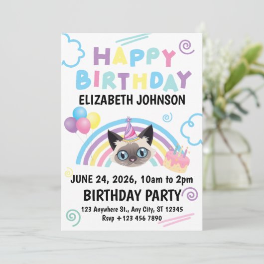 Siamese Cat Birthday Party Invitation White 招待状 (スタンド正面)