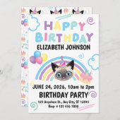 Siamese Cat Birthday Party Invitation White 招待状 (正面/裏面)