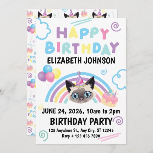 Siamese Cat Birthday Party Invitation White 招待状 (正面/裏面)