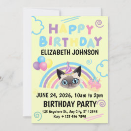 Siamese Cat Birthday Party Invitation Yellow 招待状