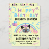 Siamese Cat Birthday Party Invitation Yellow 招待状 (正面/裏面)