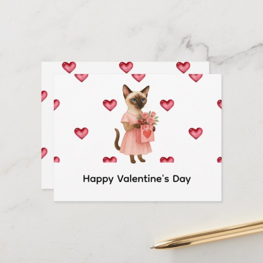 Siamese Cat brings roses for Valentines' day ポストカード (正面/裏面インサイチュ)