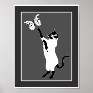 Siamese Cat Butterfly Black And White Poster ポスター