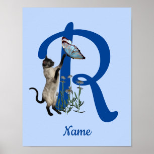Siamese Cat Butterfly Monogram Initial R Name ポスター