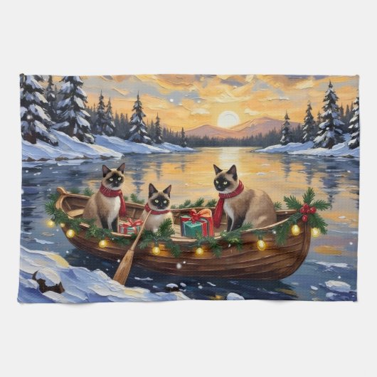 Siamese Cat Christmas Boat Holiday キッチンタオル (横)