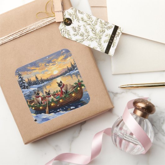 Siamese Cat Christmas Boat Holiday スクエアシール (ギフト)