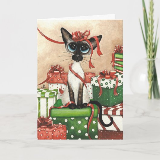 Siamese Cat Christmas Gift Greeting by Bihrle カード (正面)