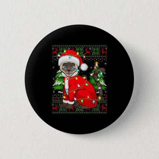 Siamese Cat Christmas Lights Santa Costume Ugly Xm 缶バッジ (正面)