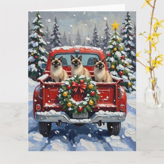 Siamese Cat Christmas Red Truck Holiday カード (黄色い花)
