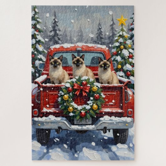Siamese Cat Christmas Red Truck Holiday ジグソーパズル (縦)