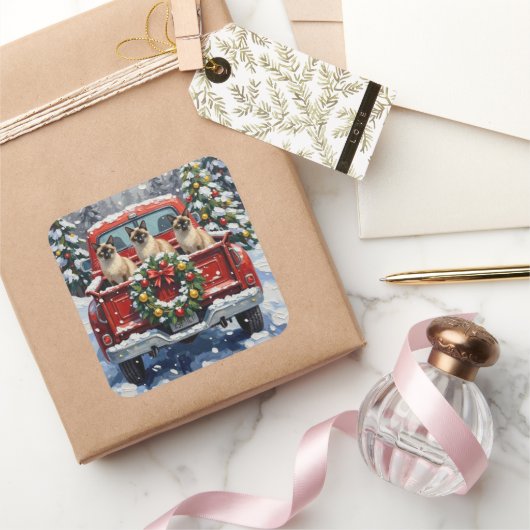 Siamese Cat Christmas Red Truck Holiday スクエアシール (ギフト)
