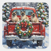 Siamese Cat Christmas Red Truck Holiday スクエアシール (正面)