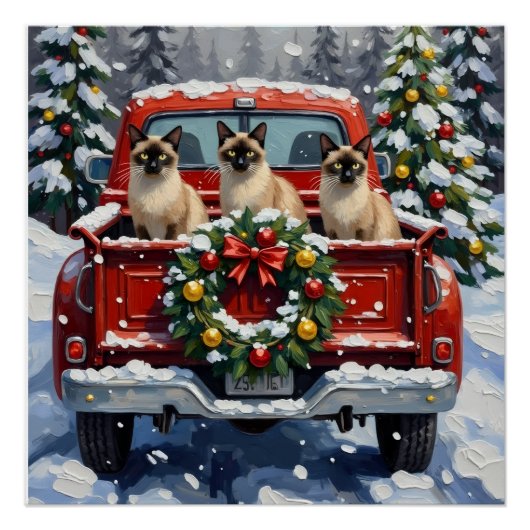 Siamese Cat Christmas Red Truck Holiday ポスター (正面)