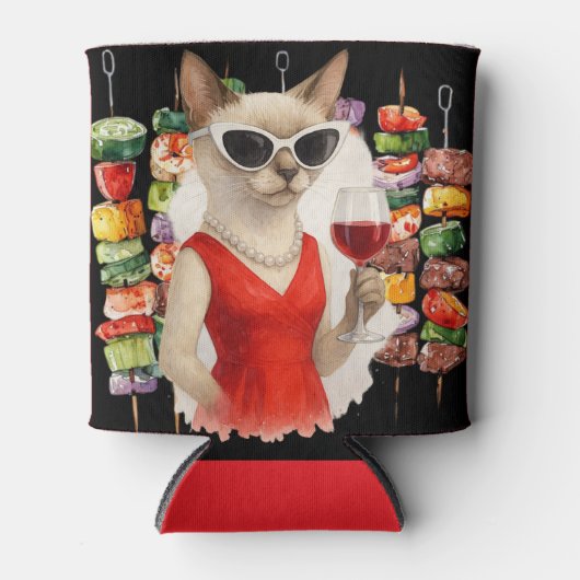 Siamese Cat Drinking Wine at Barbecue Party  缶クーラー (正面)