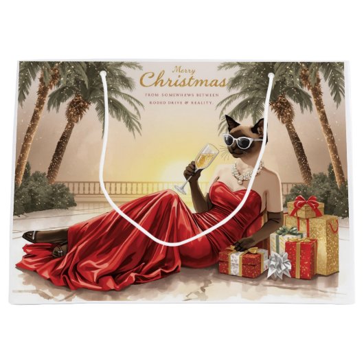 Siamese Cat Glam Christmas  Sipping Champagne  ラージペーパーバッグ (正面)