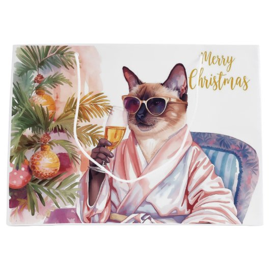 Siamese Cat Glam Christmas Sipping Champagne ラージペーパーバッグ (正面)