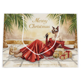 Siamese Cat Glam Christmas  Sipping Champagne  ラージペーパーバッグ