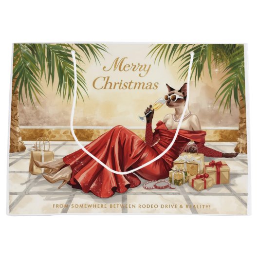 Siamese Cat Glam Christmas Sipping Champagne ラージペーパーバッグ (正面)
