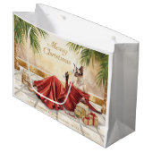 Siamese Cat Glam Christmas Sipping Champagne ラージペーパーバッグ (正面アングル)