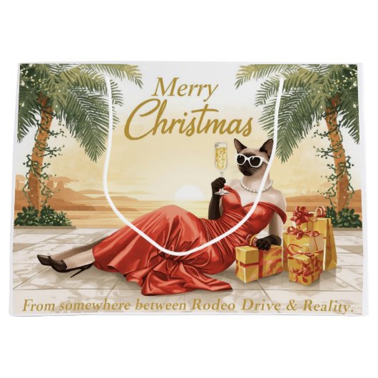 Siamese Cat Glam Christmas  Sipping Champagne  ラージペーパーバッグ (正面)