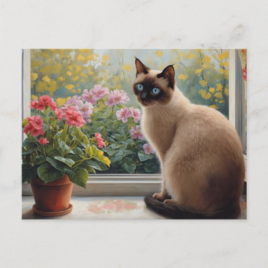 Siamese Cat in the Window with Garden View ポストカード (正面)