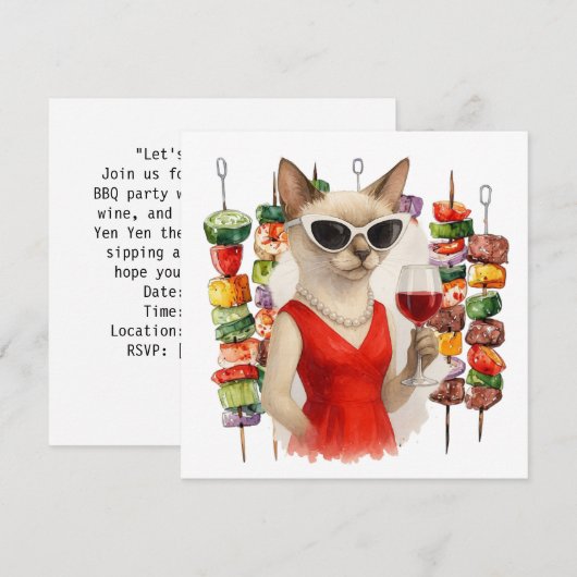 Siamese Cat is drinking wine Barbecue party  招待状 (正面/裏面)