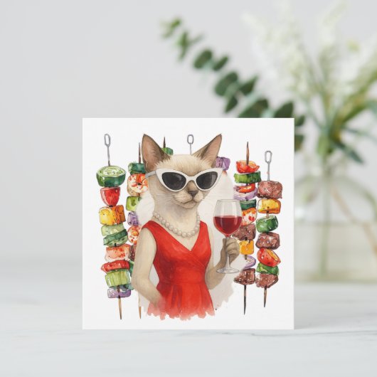 Siamese Cat is drinking wine Barbecue party  招待状 (スタンド正面)