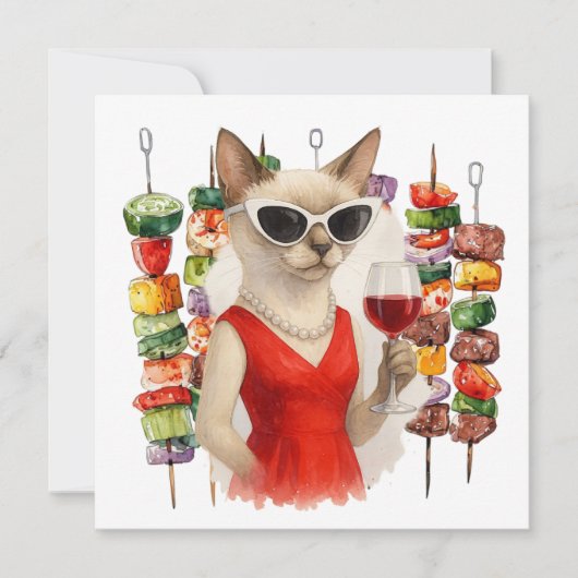 Siamese Cat is drinking wine Barbecue party  招待状 (正面)