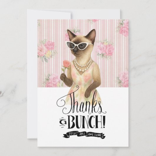 Siamese Cat is holding flower pink rose サンキューカード (正面)