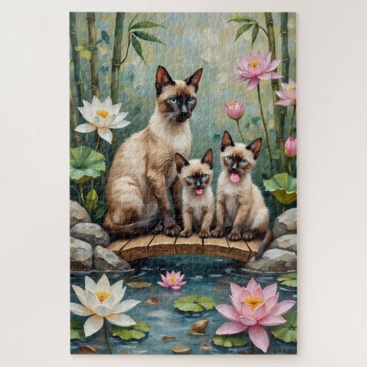 Siamese Cat Lotus Pond Art ジグソーパズル (縦)