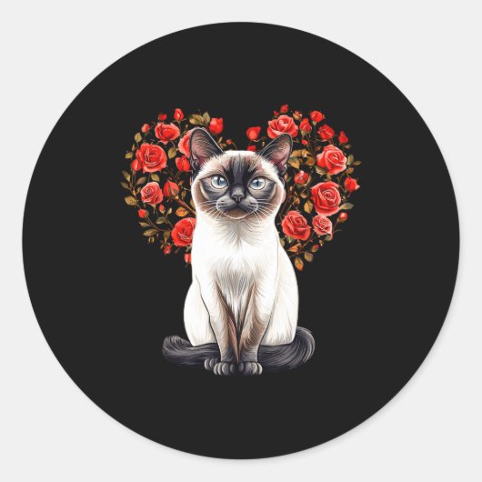 Siamese Cat Lover Floral Heart Valentines Day  ラウンドシール (正面)