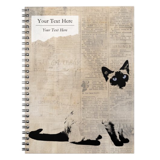 Siamese Cat on Retro Newspaper, Personalized Name ノートブック (正面)