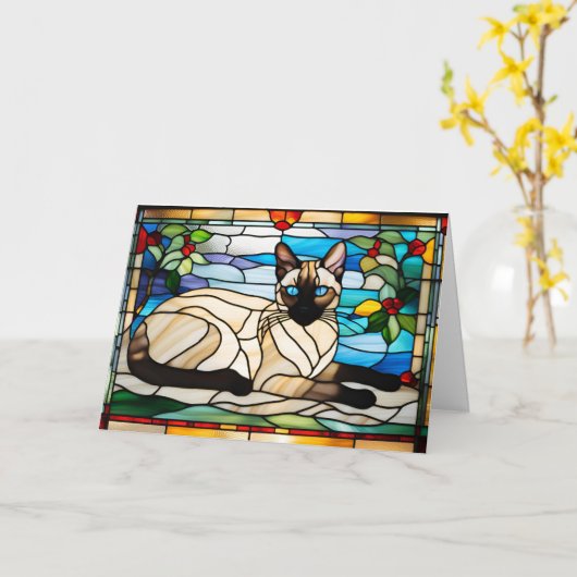 Siamese Cat Stained Glass Folded Greeting Card カード (黄色い花)