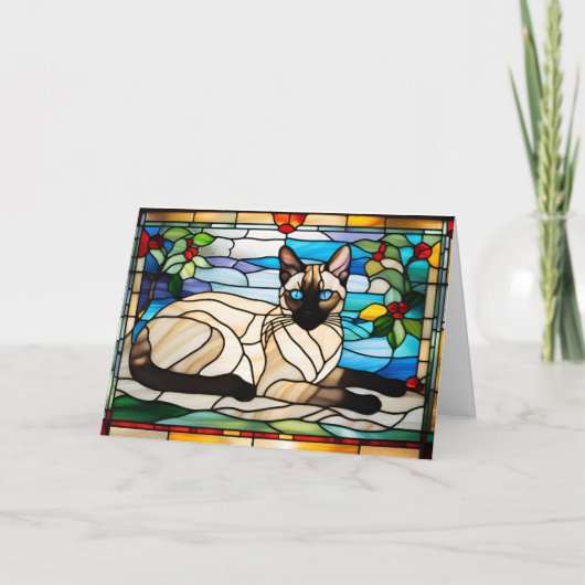 Siamese Cat Stained Glass Folded Greeting Card カード (正面)