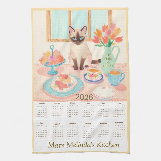 Siamese Cat & Tea Party Kitchen Towel Calendar キッチンタオル (縦)