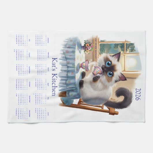 Siamese Cat Tea Time 2026 Calendar Kitchen Towels キッチンタオル (横)