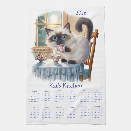 Siamese Cat Tea Time 2026 Calendar Kitchen Towels キッチンタオル (縦)