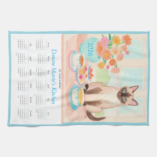 Siamese Cat, Teacups & Tea Towel Calendar Too キッチンタオル (横)