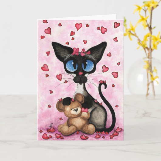 Siamese Cat Valentines Day Greeting Card by Bihrle カード (黄色い花)
