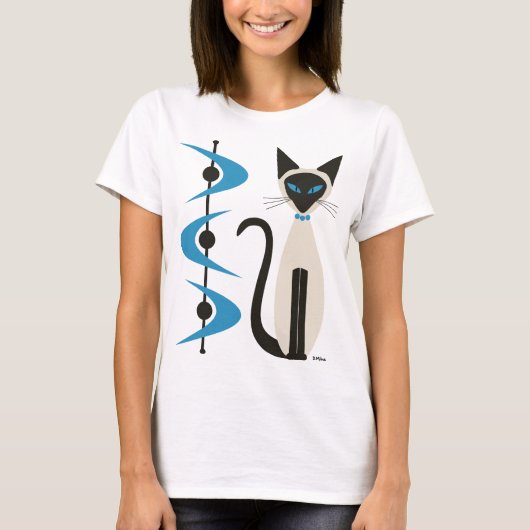 Siamese Cat with Mid Century Blue Boomerangs Tシャツ (正面)